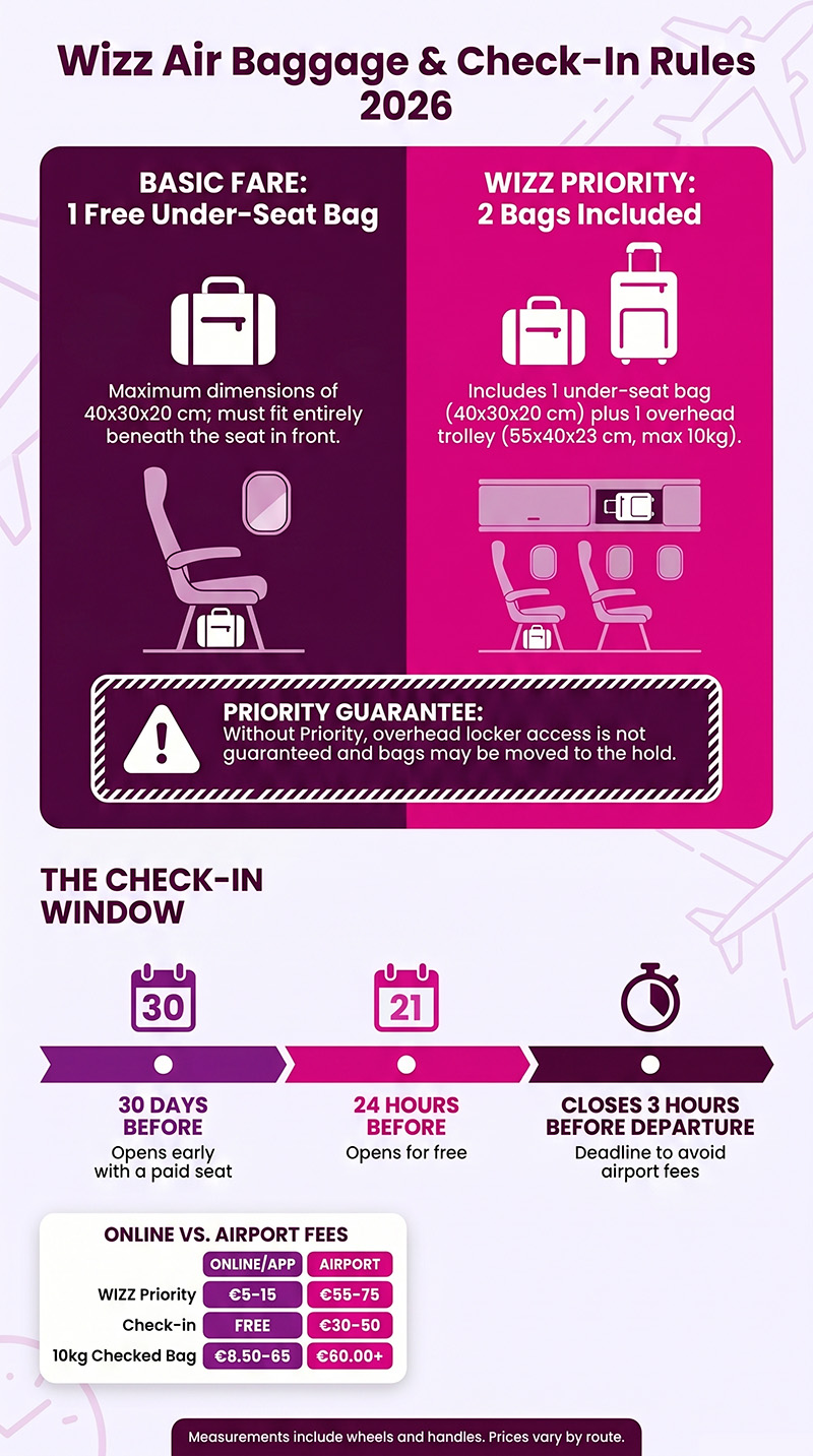 Infographic showing Wizz Air baggage sizes, WIZZ Priority benefits, and fee structure